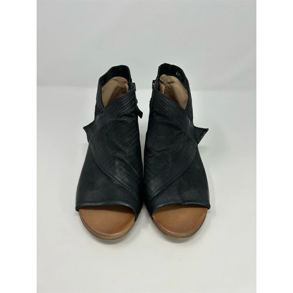 Miz Mooz Camp Ankle Booties Womens Black Peep Toe Side Zip Low Block Heel 40